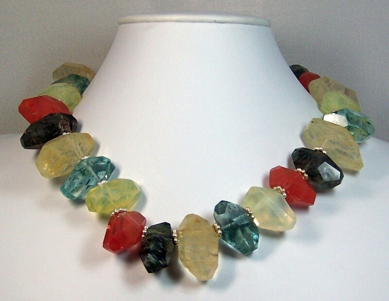 Multi shaped faceted quartz nugget necklace, multicolor with sterling clasp &amp; findings