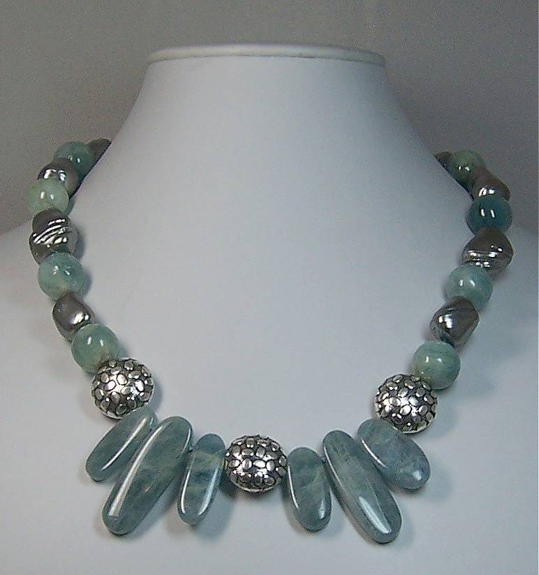 Aquamarine with silver beads & Baroque crystal pearls, sterling clasp