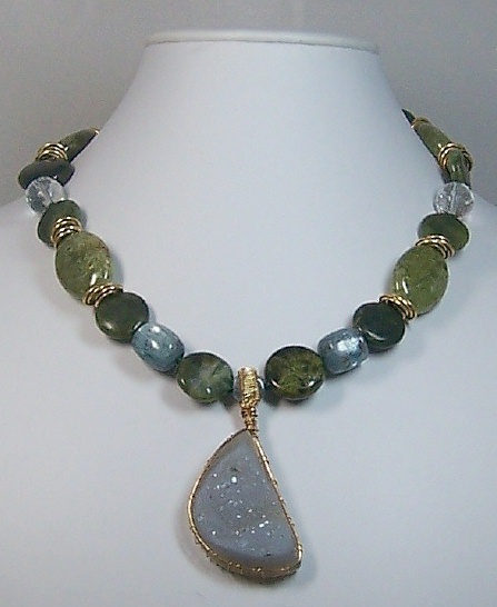 Kyanite, green garnet, new jade necklace with Drusy pendant