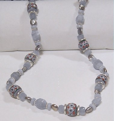 Long necklace of chalcedony, freshwater pearls, sterling silver findings, interspersed with hand painted Chinese porcelain beads