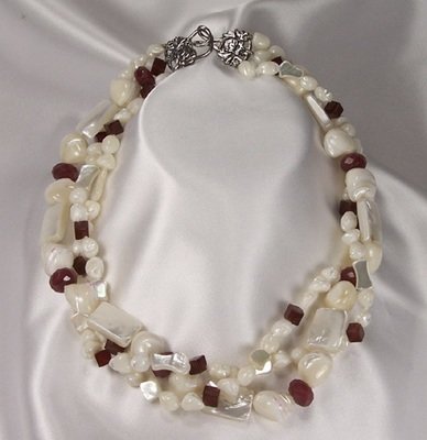 Shell Pearls, Mother Of Pearl, Red Onyx, Red Jade & Sterling Silver