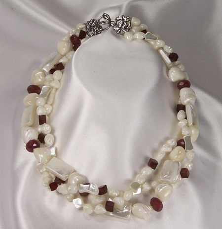 Shell Pearls, Mother Of Pearl, Red Onyx, Red Jade &amp; Sterling Silver