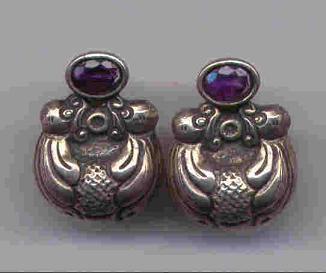 Amethyst &amp; Carved Silver Earrings
