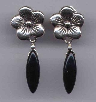Black Onyx Gemstone Earrings With Sterling Silver Flowers, Clip Back