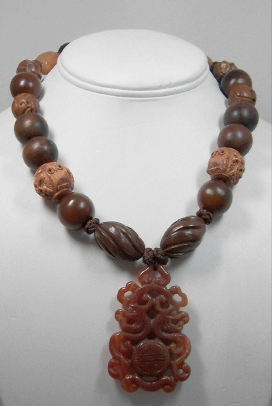 Wood &amp;  horn necklace w/carnelian pendant