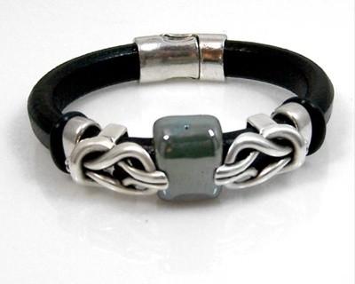 Leather bracelet w/silver & ceramic findings