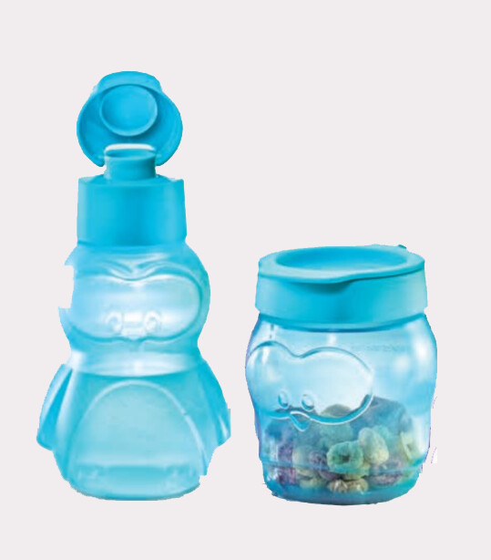 Tupperware Kids Fun Set-Bottle and Snack Cup-Set of 2, Shape-Color: Penguin-Cool Aqua