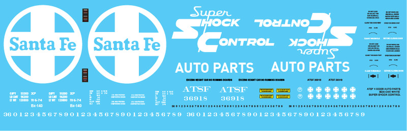 Santa Fe ATSF 4 Door Auto Parts Box Car White Super Shock Control Decal Set