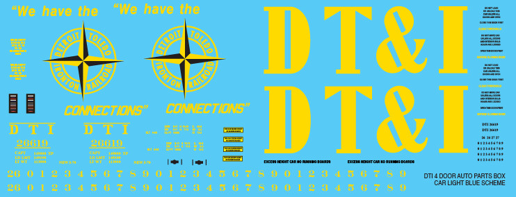 DTI 4 Door Auto Parts Box Car Light Blue Scheme Decal set