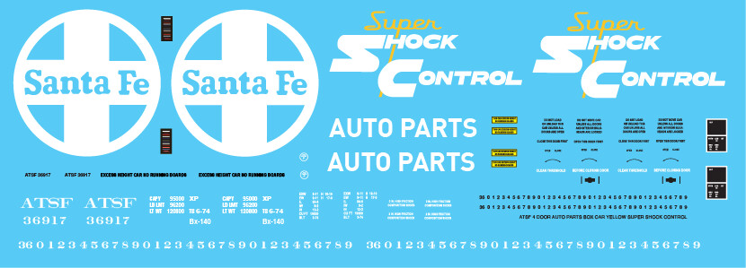 Santa Fe ATSF 4 Door Auto Parts Box Car Yellow Super Shock Control Decal