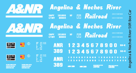 Angelina & Neches River Railroad (A&NR) Box Car Decal Set
