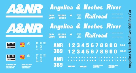 Angelina &amp; Neches River Railroad (A&amp;NR) Box Car Decal Set