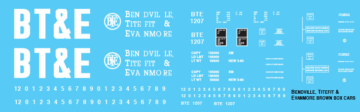Bendville Titefit &amp; Evenmore Railroad Brown Box Car Decals
