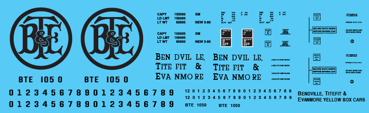 Bendville Titefit &amp; Evenmore Railroad Yellow Box Car Decals