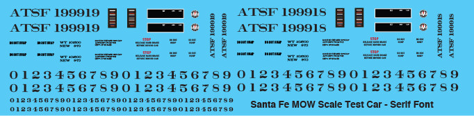 Santa Fe MOW Scale Test Car Serif Font Decals