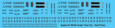 N Scale - Santa Fe MOW Scale Test Car Serif Font Decals
