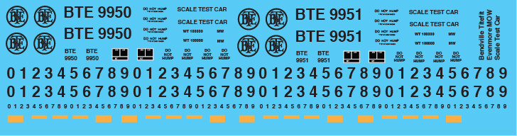 Bendville Titefit Evenmore MOW Scale Test Car Decals