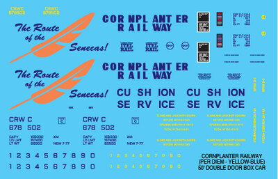 N Scale - Cornplanter Railway Double Box Car Yellow Blue Scheme Decals
