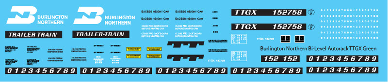 HO Scale - Burlington Northern Bi-Level Green Autorack TTGX Decals