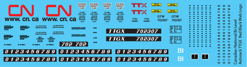 Canadian National Bi-Level Autorack TTGX Red Black Web Logo Decals