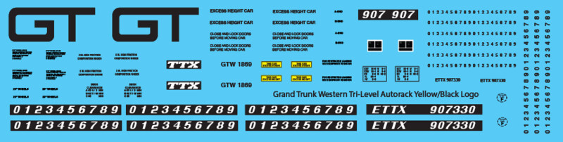 Grand Trunk Tri-Level Autorack ETTX Yellow Black Logo Decals