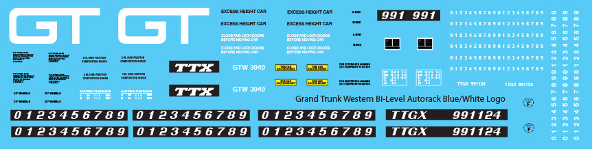 N Scale - Grand Trunk Bi-Level Autorack TTGX Blue White Logo Decals
