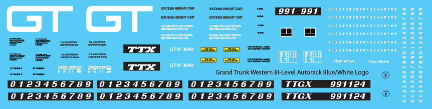 Grand Trunk Bi-Level Autorack TTGX Blue White Logo Decals