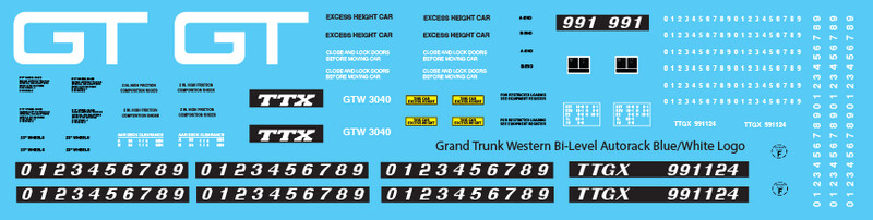 Grand Trunk Bi-Level Autorack TTGX Blue White Logo Decals