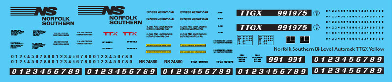 Norfolk Southern Bi-Level Autorack TTGX Yellow Decals