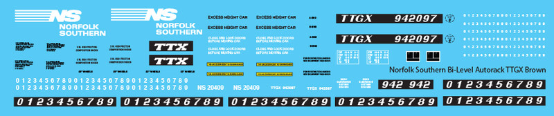 Norfolk Southern Bi-Level Autorack TTGX Brown Decals