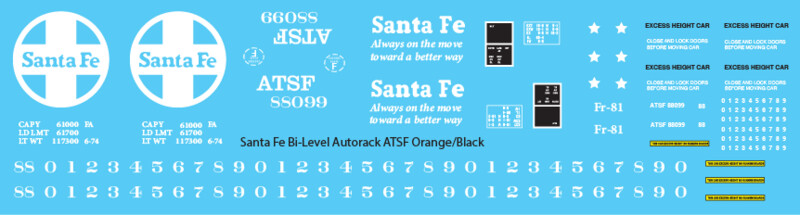Santa Fe Bi-Level Autorack ATSF Orange Black Decals
