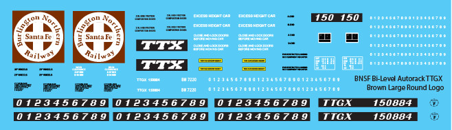 BNSF Bi-Level Autorack TTGX Brown Large Logo Decals