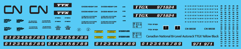Canadian National Autorack Bi-Level TTGX Yellow Black Decals
