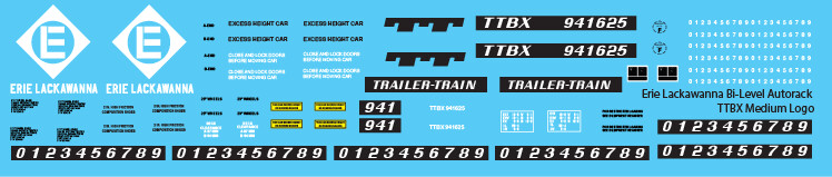 HO Scale - Erie Lackawanna Bi-Level Autorack TTBX Med Logo Decals