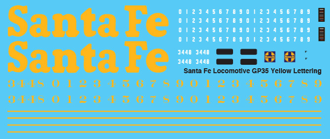 Santa Fe Locomotive GP35 Yellow Lettering Decals