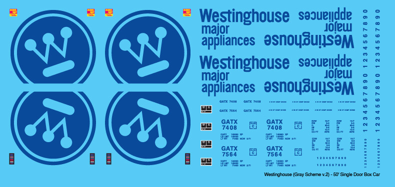 Westinghouse Box Car 50ft Gray Scheme v2 Decals