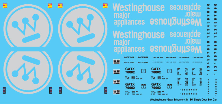 Westinghouse Box Car 50ft Gray Scheme v3 Decals