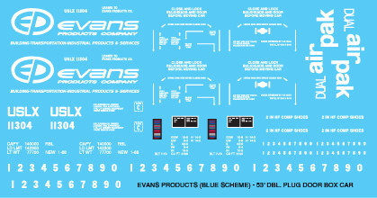 Evans Products Blue Box Car Decals