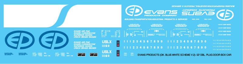 Evans Products Dk Blue White Box Car Decals