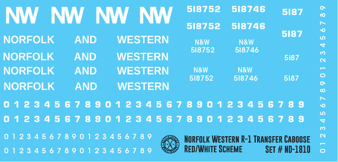 Norfolk Western R1 Transfer Caboose Red White Scheme Decals