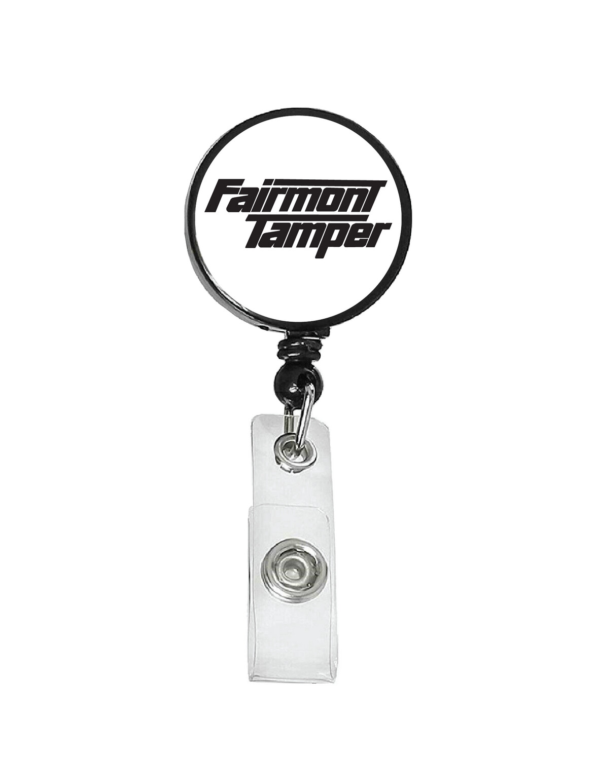 Railroad Logo Badge Reel - Fairmont Tamper White Black Logo