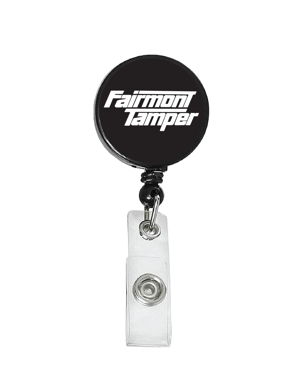 Railroad Logo Badge Reel - Fairmont Tamper Black White Logo