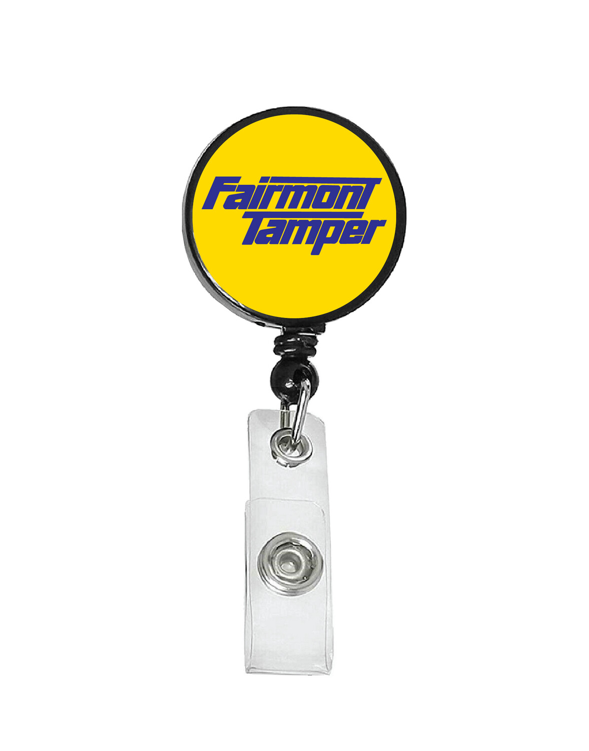 Railroad Logo Badge Reel - Fairmont Tamper Yellow Blue Logo