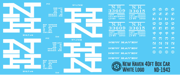 N Scale - New Haven 40ft Box Car Large NH Logo Decals