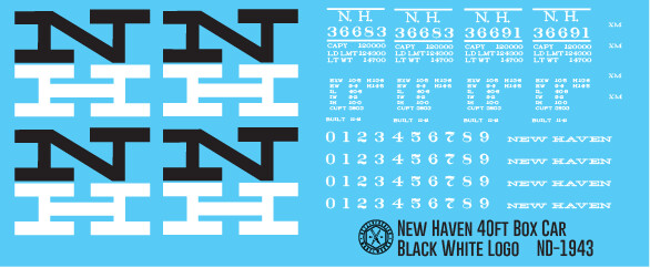 HO Scale - New Haven 40ft Box Car Black White NH Logo Decals