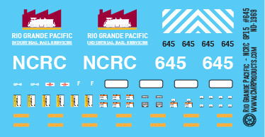 Rio Grande Pacific NCRC GP15 Locomotive 645 Decals