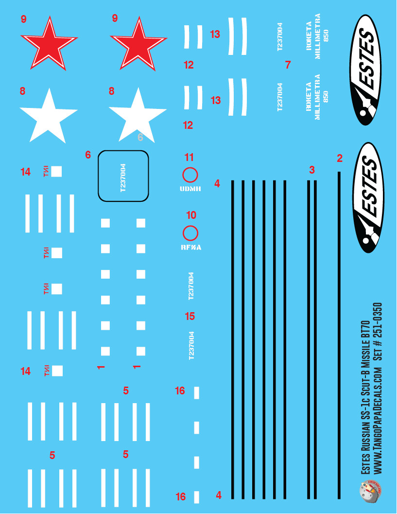 Estes Russian SS-1C Scud-B Missle BT70 Size Decal Set