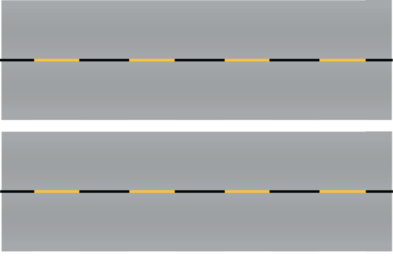 Easy Streets HO - Aged Asphalt-10in Dashed Yellow Black Line No Fog