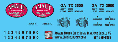 HO Scale - Amalie Refining 2 Dome Tank Car v2 Decals