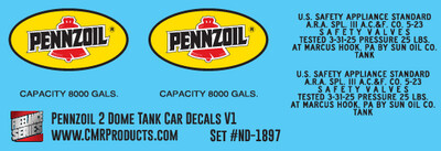 N Scale - Pennzoil Refining 2 Dome Tank Car v1 Decals
